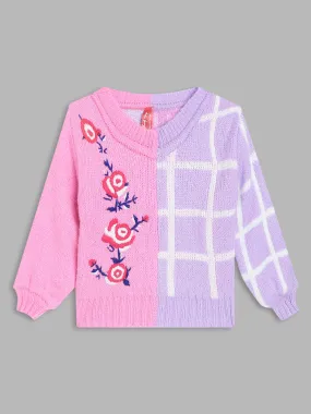 Blue Giraffe Girls Pink Color-Blocked Round Neck Full Sleeves Pullover Style Sweater