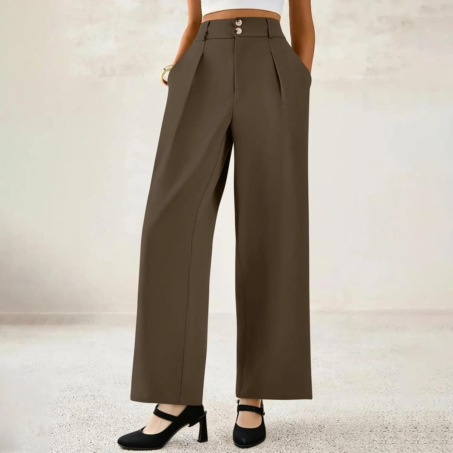 Dress Pants Women Loose Fit High Waisted Formal Wide Leg Trousers Button Flowy Office Business Work Slacks with Pockets