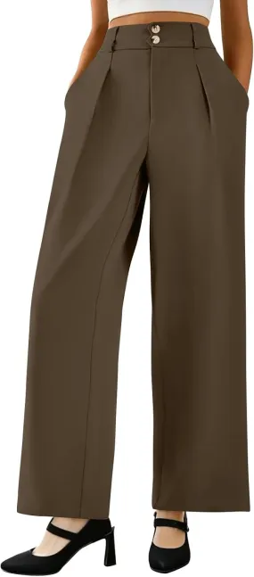 Dress Pants Women Loose Fit High Waisted Formal Wide Leg Trousers Button Flowy Office Business Work Slacks with Pockets