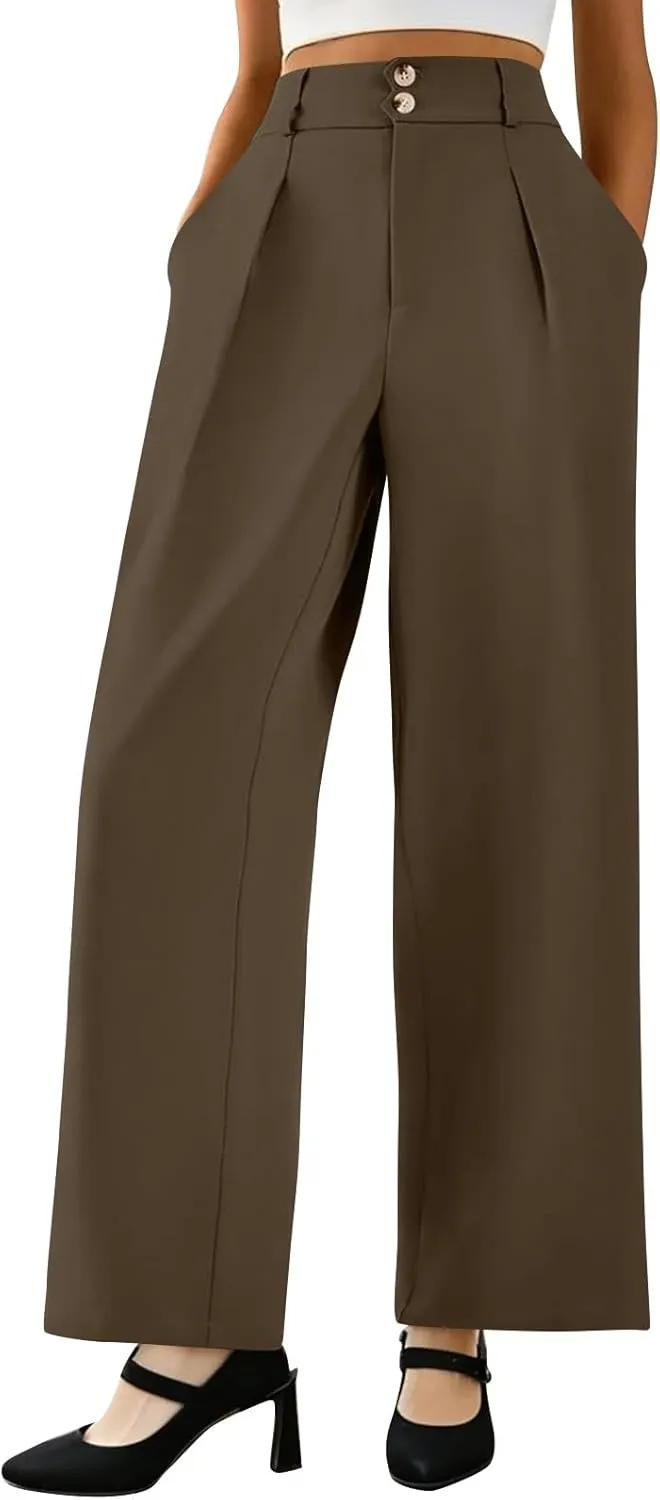 Dress Pants Women Loose Fit High Waisted Formal Wide Leg Trousers Button Flowy Office Business Work Slacks with Pockets