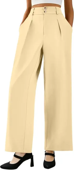 Dress Pants Women Loose Fit High Waisted Formal Wide Leg Trousers Button Flowy Office Business Work Slacks with Pockets