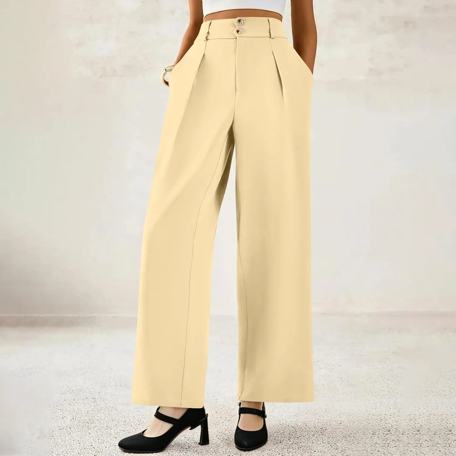 Dress Pants Women Loose Fit High Waisted Formal Wide Leg Trousers Button Flowy Office Business Work Slacks with Pockets