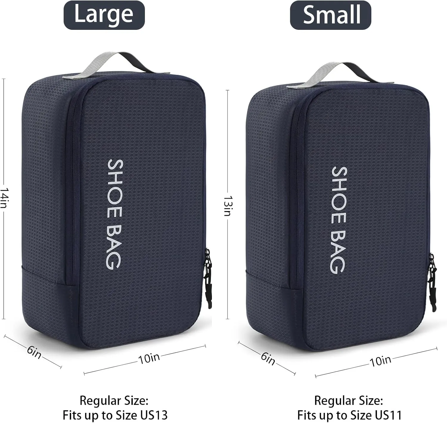 MissBoy Travel Shoe Bags, Set of 2 (Large Small) Water Resistant Shoe Bag with Zipper & Handle, Foldable Shoe Storage Organizer for Men and Women - Navy Blue