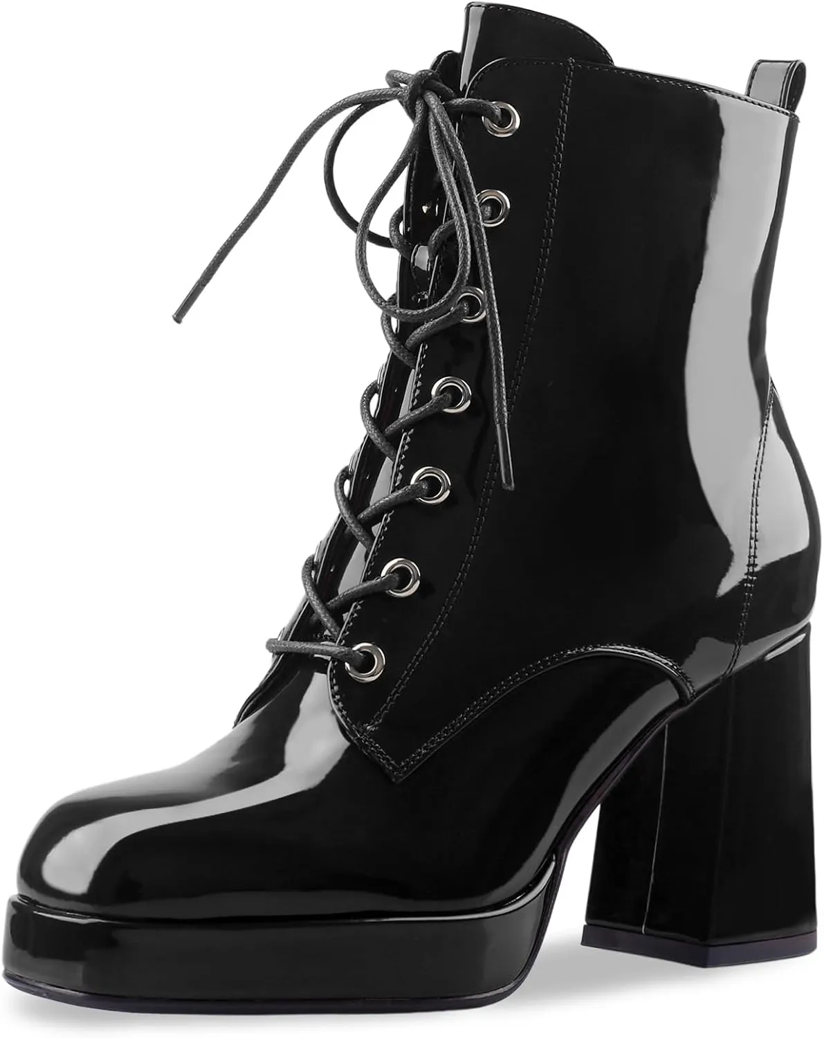 Oh Mispares Women's Platform Ankle Boots with High Chunky Heel Fashion Lace-up Square toe Patent Leather Booties