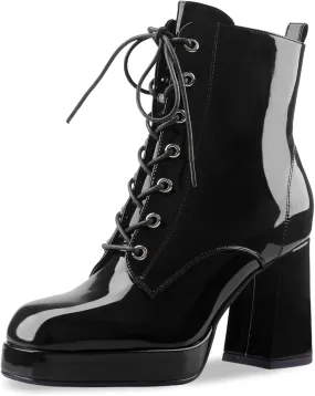 Oh Mispares Women's Platform Ankle Boots with High Chunky Heel Fashion Lace-up Square toe Patent Leather Booties
