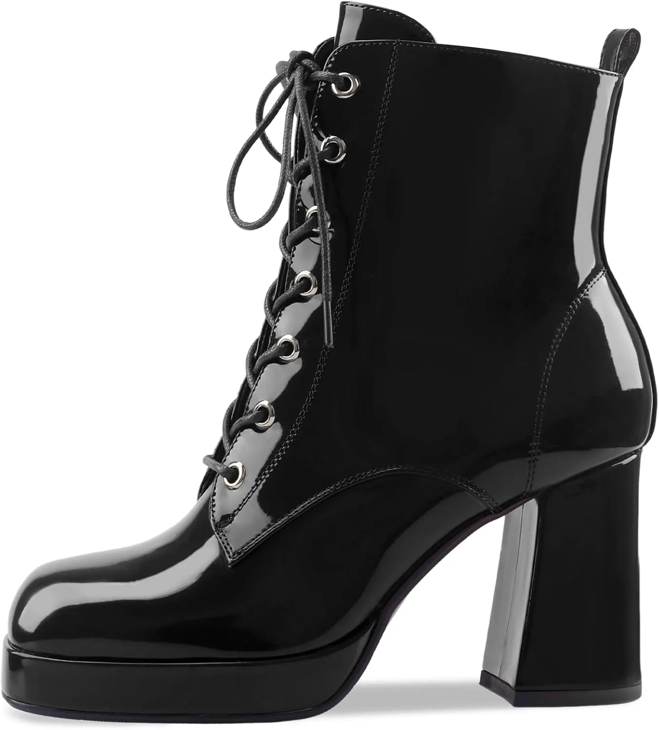Oh Mispares Women's Platform Ankle Boots with High Chunky Heel Fashion Lace-up Square toe Patent Leather Booties