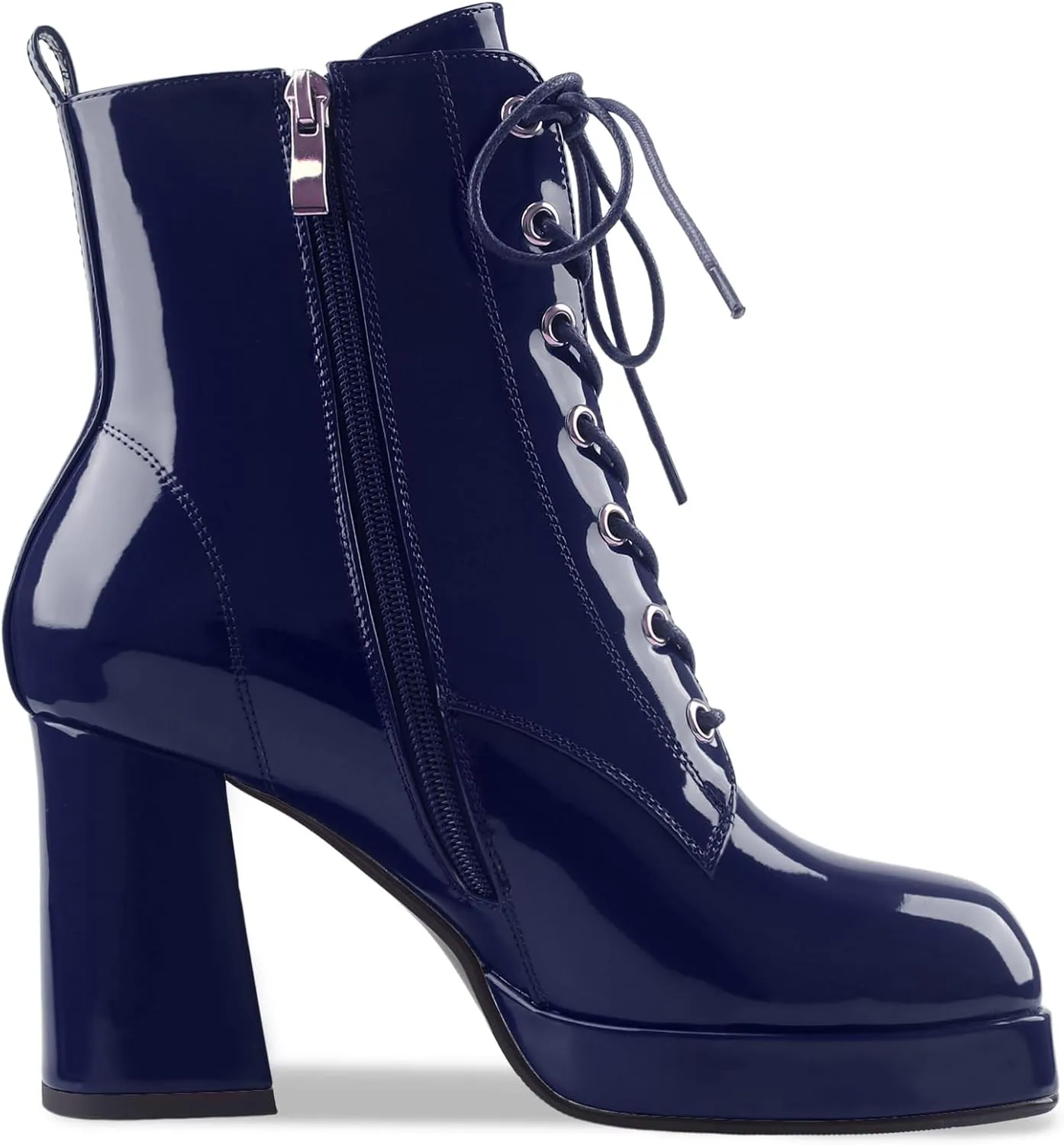 Oh Mispares Women's Platform Ankle Boots with High Chunky Heel Fashion Lace-up Square toe Patent Leather Booties