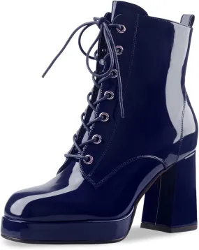 Oh Mispares Women's Platform Ankle Boots with High Chunky Heel Fashion Lace-up Square toe Patent Leather Booties