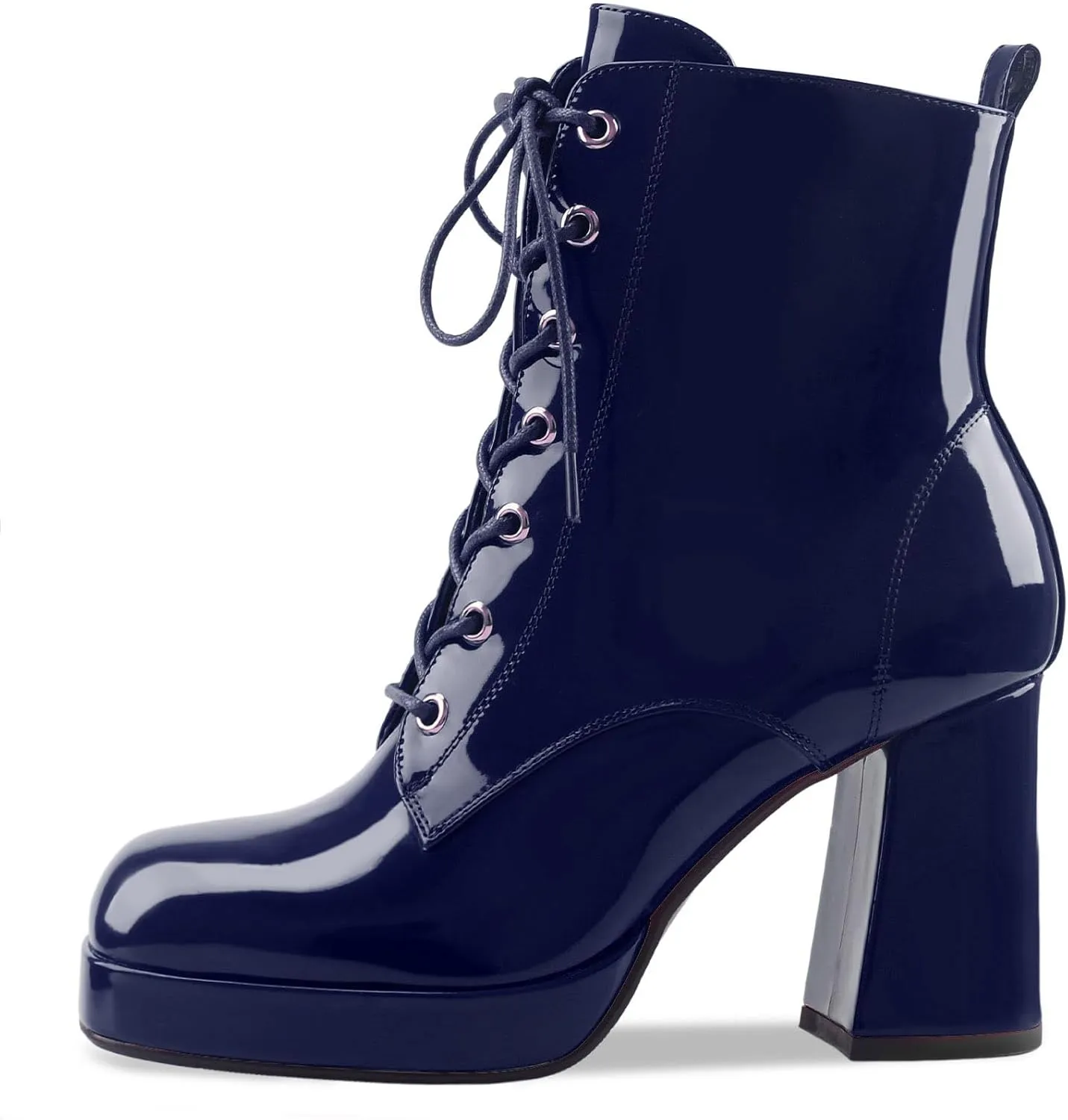 Oh Mispares Women's Platform Ankle Boots with High Chunky Heel Fashion Lace-up Square toe Patent Leather Booties