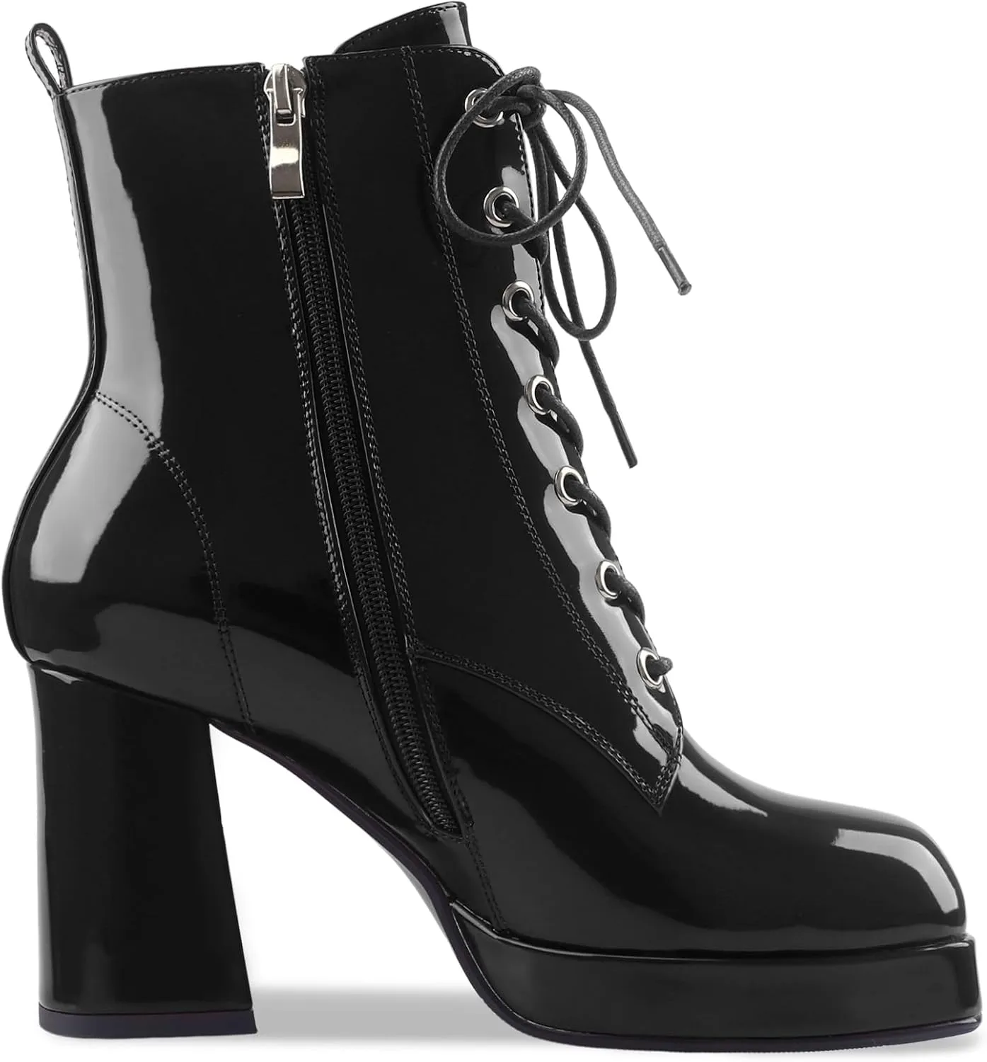 Oh Mispares Women's Platform Ankle Boots with High Chunky Heel Fashion Lace-up Square toe Patent Leather Booties