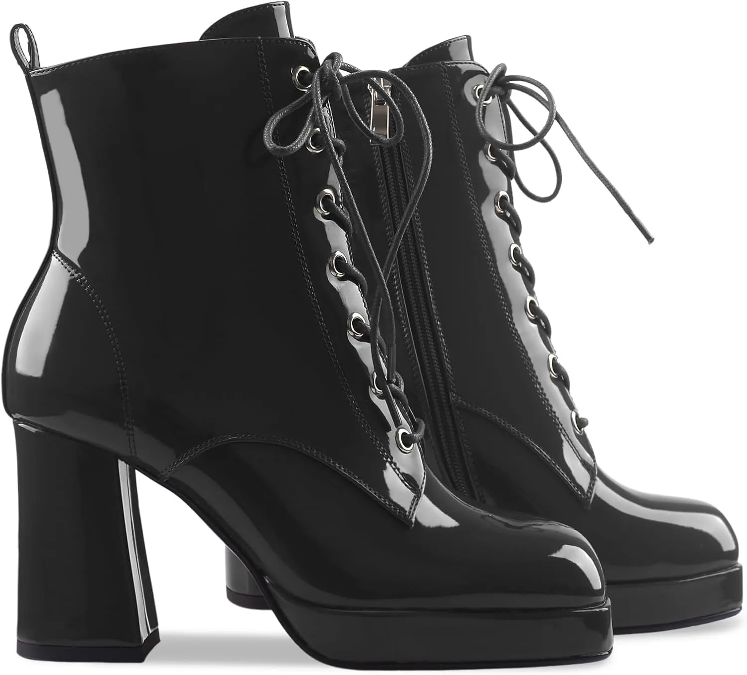 Oh Mispares Women's Platform Ankle Boots with High Chunky Heel Fashion Lace-up Square toe Patent Leather Booties