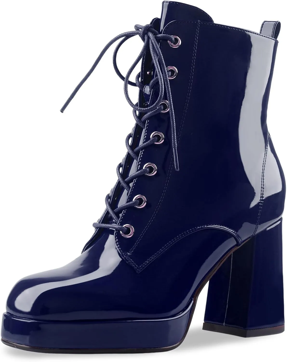 Oh Mispares Women's Platform Ankle Boots with High Chunky Heel Fashion Lace-up Square toe Patent Leather Booties