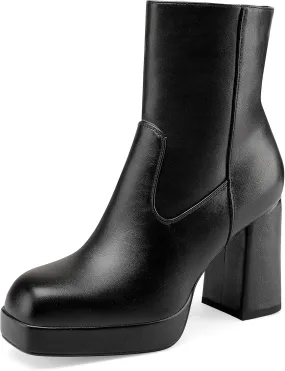 Oh Mispares Women's Platform High Chunky Heeled Ankle Boots Cozy Leather Gogo Boots Square Toe Side Zipper Booties