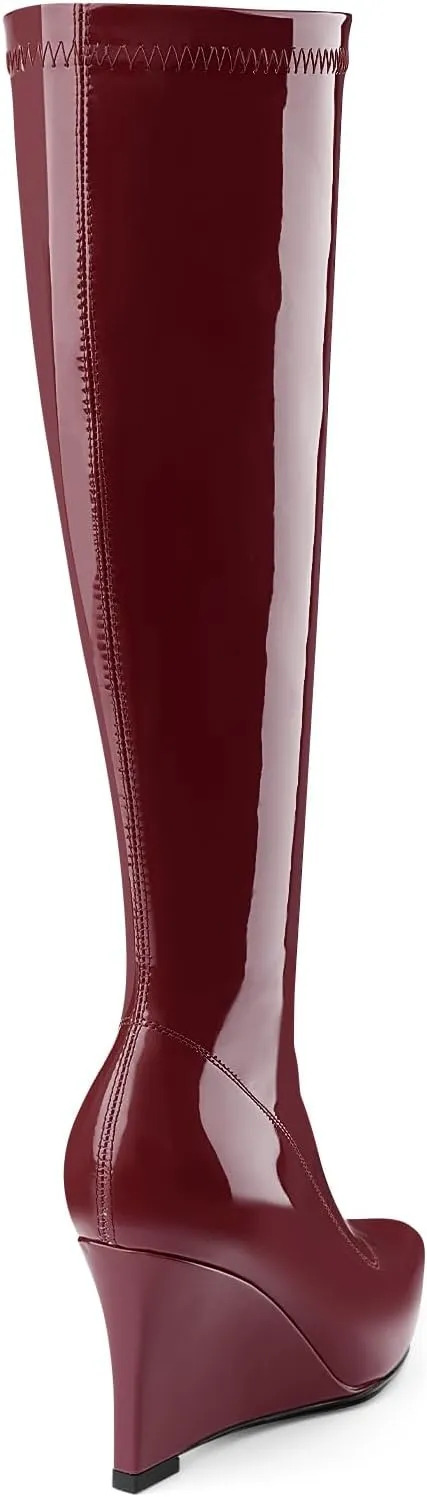 Oh Mispares Women's Wedge Heel Knee High Boots Classic Pointed Toe Tall Boots Patent Leather Fashion Long Boots with Side Zipper Comfortable Winter Dress Shoes