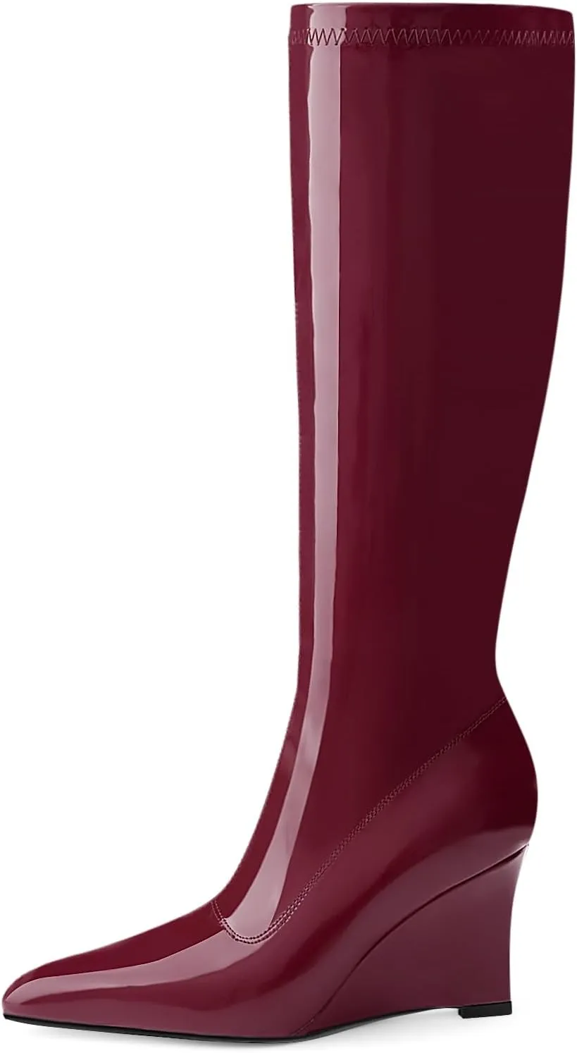 Oh Mispares Women's Wedge Heel Knee High Boots Classic Pointed Toe Tall Boots Patent Leather Fashion Long Boots with Side Zipper Comfortable Winter Dress Shoes
