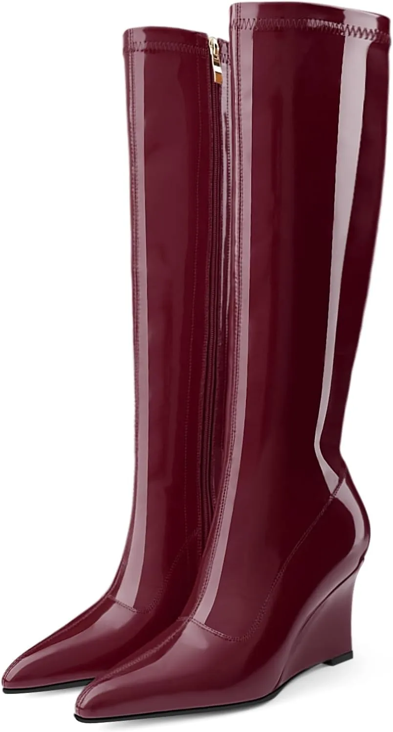 Oh Mispares Women's Wedge Heel Knee High Boots Classic Pointed Toe Tall Boots Patent Leather Fashion Long Boots with Side Zipper Comfortable Winter Dress Shoes