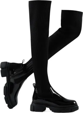 Shoe'N Tale Thigh High Knit Sock Boots Round Toe Mid Chunky Heel Stretch Over the Knee Boots for Women