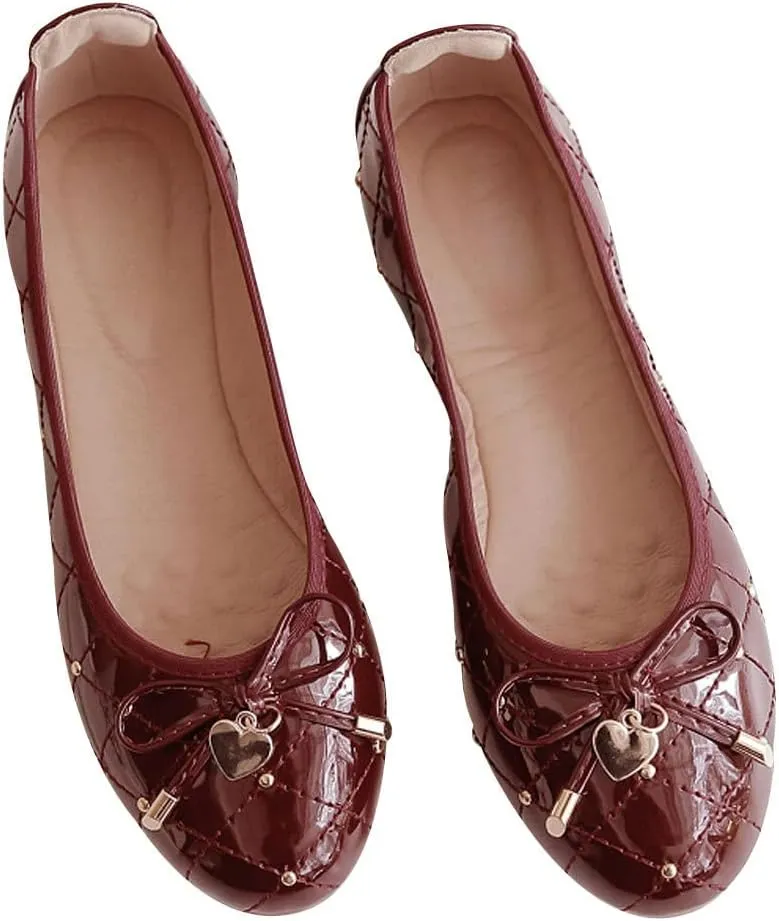 WENJIAZHIZHI Heart Buckle Plaid Ballet Flats Bow Party Dress Shoes for Women Dressy Comfortable Slip-On Loafers