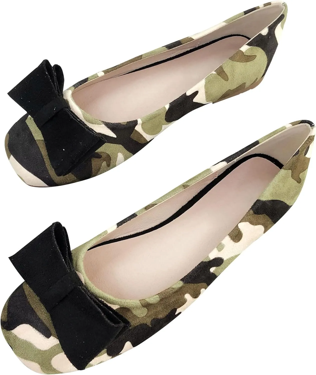 WENJIAZHIZHI Womens Camouflage Bowknot Ballet Flats Dress Shoes for Women Dressy Comfortable Square Toe Slip On Flats Shoes Casual