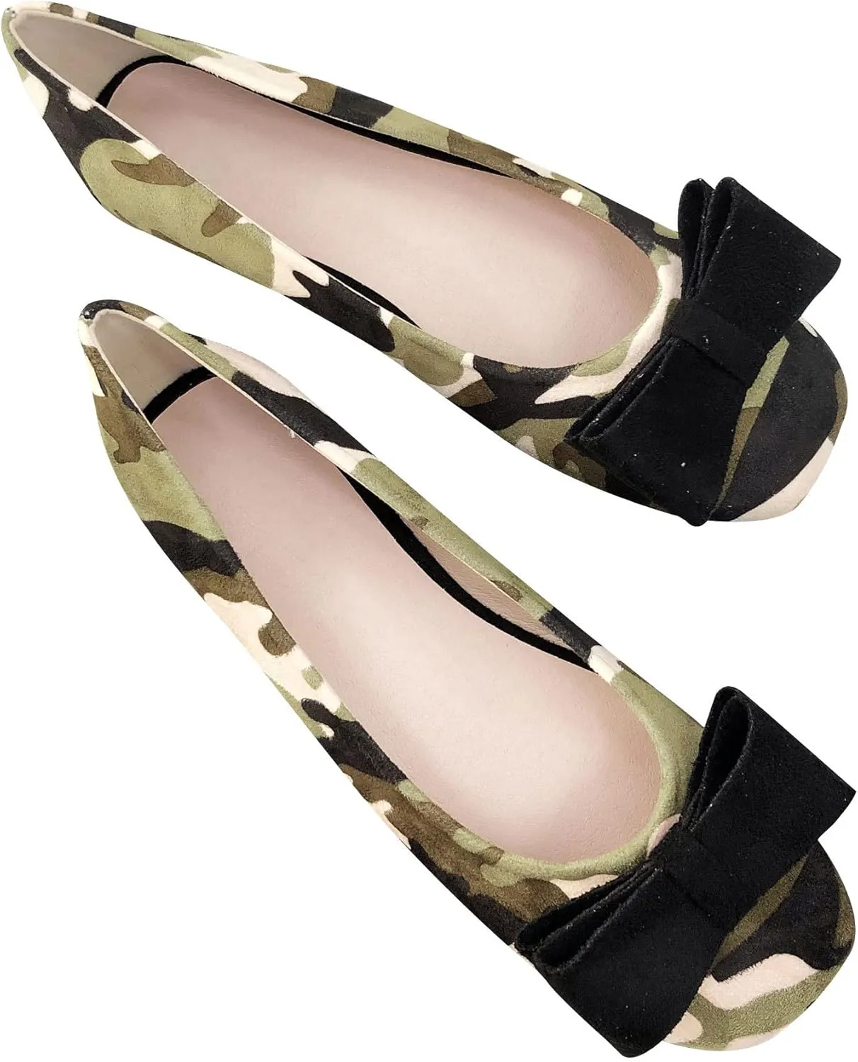 WENJIAZHIZHI Womens Camouflage Bowknot Ballet Flats Dress Shoes for Women Dressy Comfortable Square Toe Slip On Flats Shoes Casual