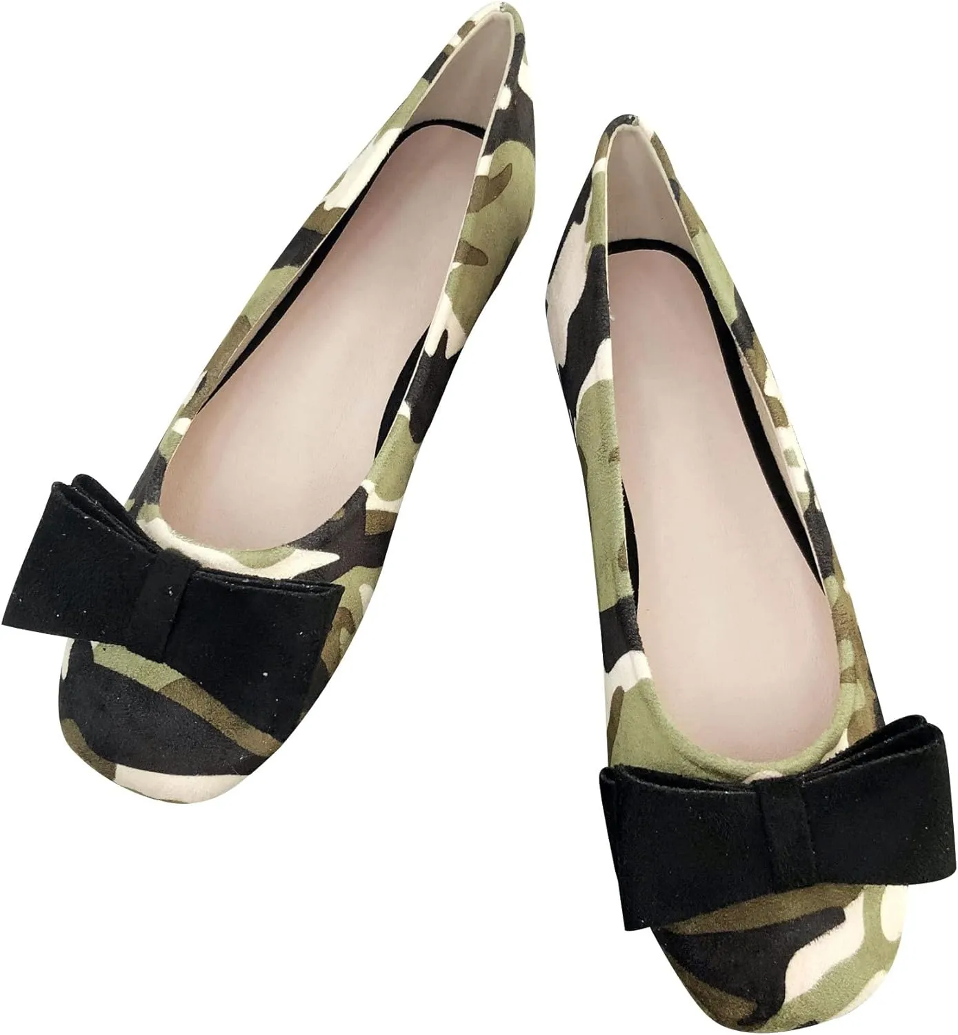 WENJIAZHIZHI Womens Camouflage Bowknot Ballet Flats Dress Shoes for Women Dressy Comfortable Square Toe Slip On Flats Shoes Casual