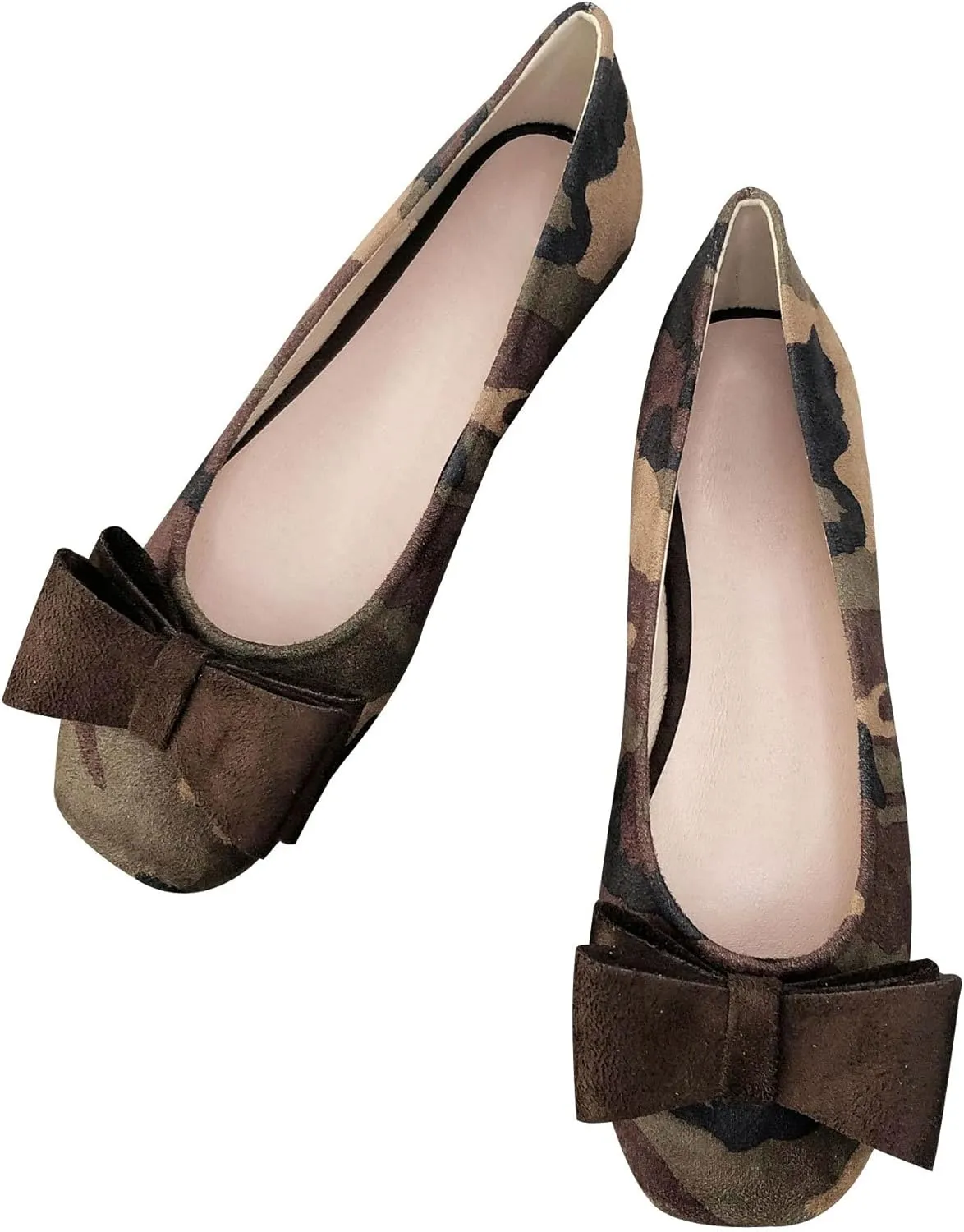WENJIAZHIZHI Womens Camouflage Bowknot Ballet Flats Dress Shoes for Women Dressy Comfortable Square Toe Slip On Flats Shoes Casual