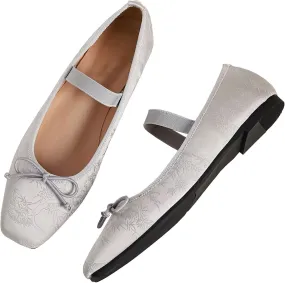 WENJIAZHIZHI Women's Vintage Style Bowtie Mary Jane Flats Square Toe Elastic Strap Comfortable Dressy Ballets Flats