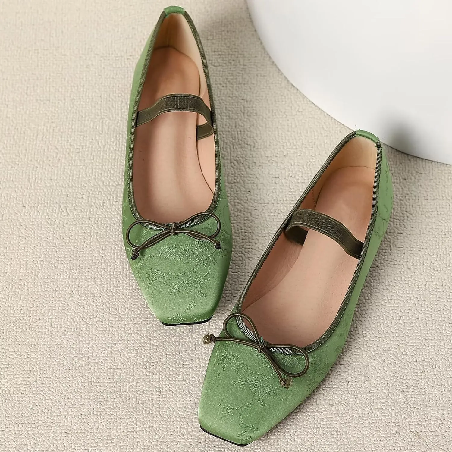 WENJIAZHIZHI Women's Vintage Style Bowtie Mary Jane Flats Square Toe Elastic Strap Comfortable Dressy Ballets Flats