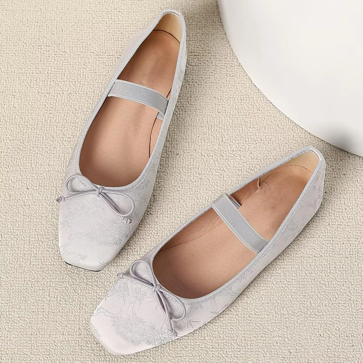 WENJIAZHIZHI Women's Vintage Style Bowtie Mary Jane Flats Square Toe Elastic Strap Comfortable Dressy Ballets Flats
