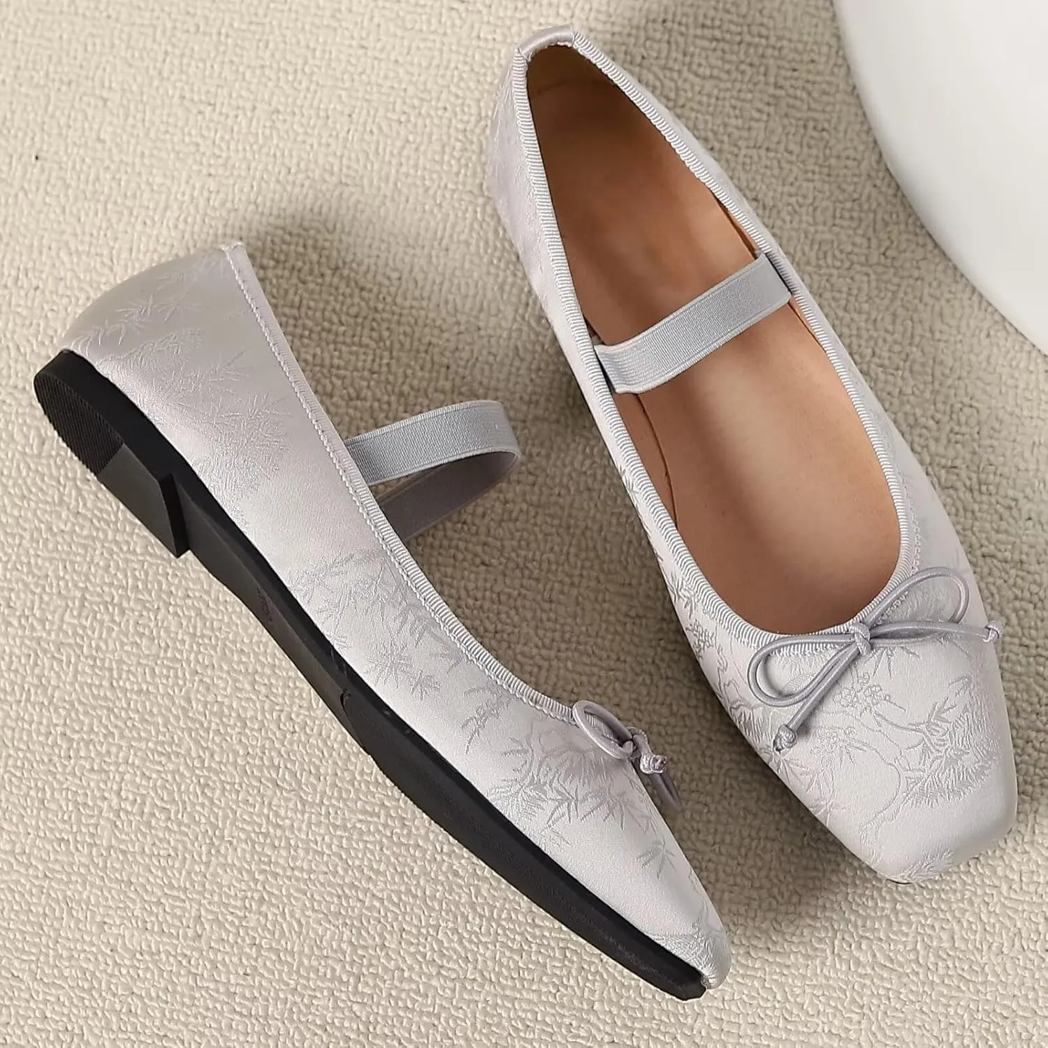 WENJIAZHIZHI Women's Vintage Style Bowtie Mary Jane Flats Square Toe Elastic Strap Comfortable Dressy Ballets Flats