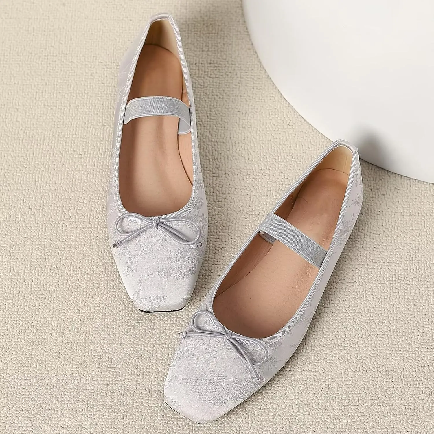 WENJIAZHIZHI Women's Vintage Style Bowtie Mary Jane Flats Square Toe Elastic Strap Comfortable Dressy Ballets Flats