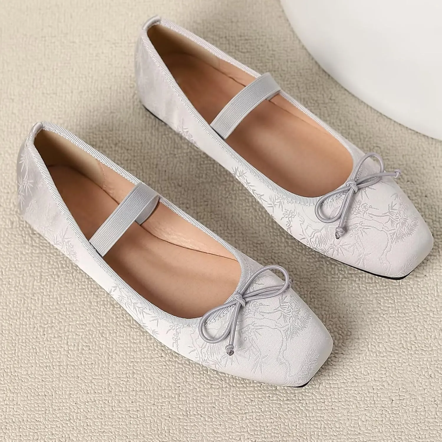 WENJIAZHIZHI Women's Vintage Style Bowtie Mary Jane Flats Square Toe Elastic Strap Comfortable Dressy Ballets Flats