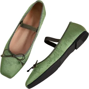 WENJIAZHIZHI Women's Vintage Style Bowtie Mary Jane Flats Square Toe Elastic Strap Comfortable Dressy Ballets Flats