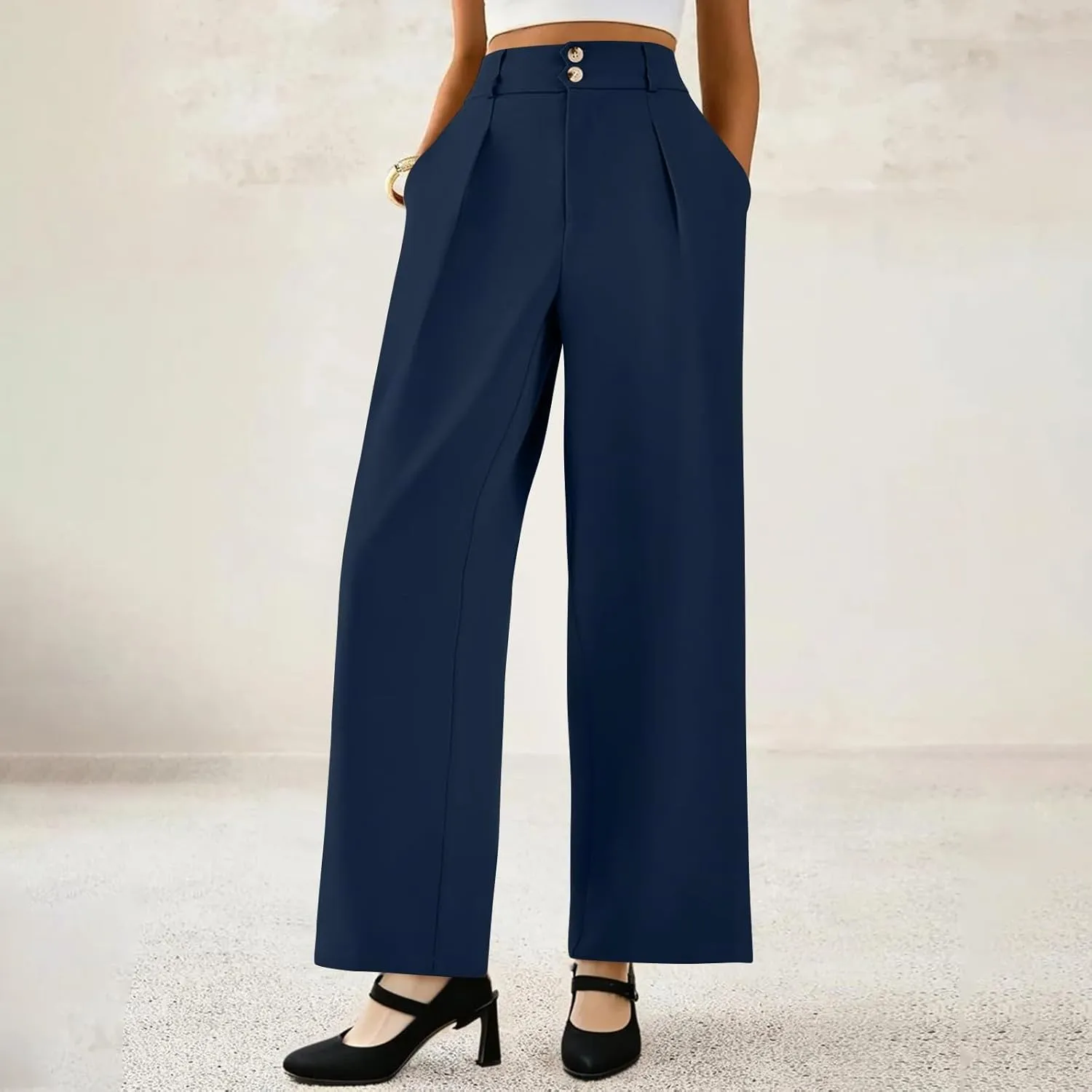 Wide Leg Dress Pants Women Baggy Button High Waisted Palazzo Pants Comfy Flowy Business Casual Slacks with Pockets