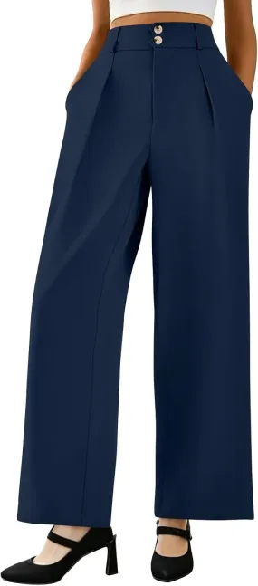 Wide Leg Dress Pants Women Baggy Button High Waisted Palazzo Pants Comfy Flowy Business Casual Slacks with Pockets