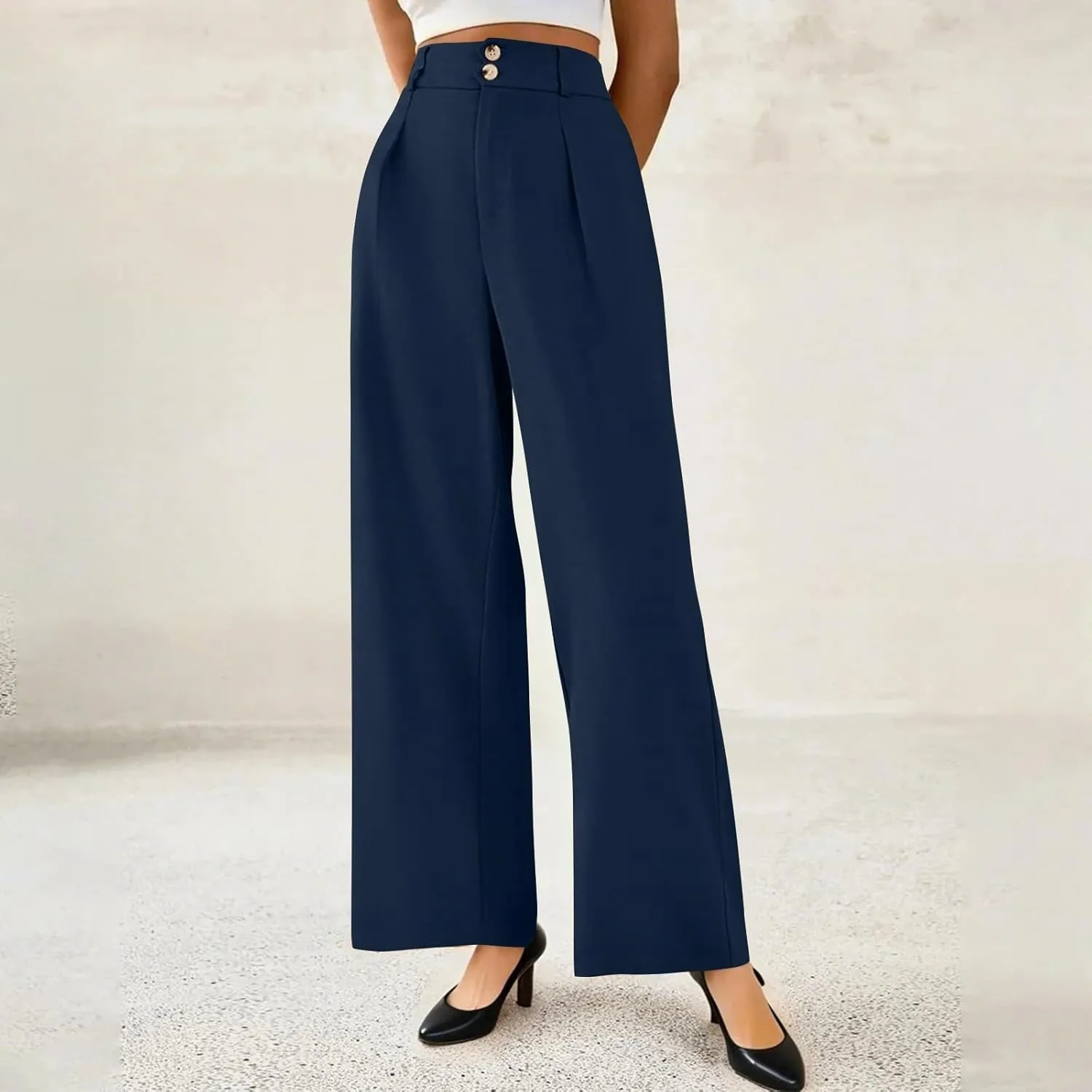 Wide Leg Dress Pants Women Baggy Button High Waisted Palazzo Pants Comfy Flowy Business Casual Slacks with Pockets