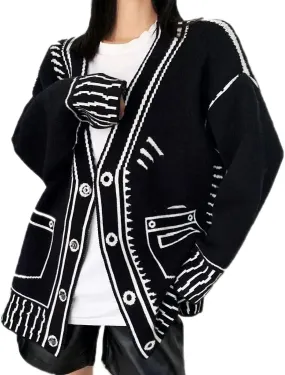 Women Print Graffiti Fake Pocket Long Sleeve Cardigan Sweater Loose Knitwear V-Neck Single Breasted Outerwear Coat