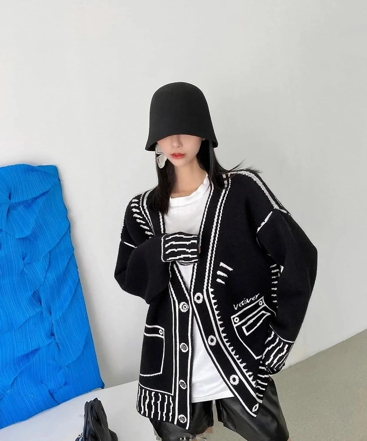Women Print Graffiti Fake Pocket Long Sleeve Cardigan Sweater Loose Knitwear V-Neck Single Breasted Outerwear Coat