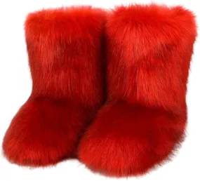 Women's Fluffy Furry Snow Boots Faux Fur Mid-Calf Flat Booties